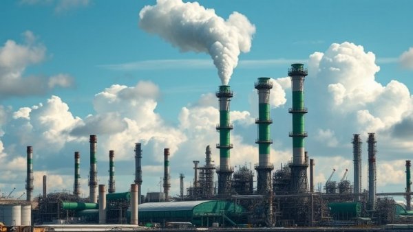 California gas prices surge visualized with oil refinery towers against a cloudy sky.