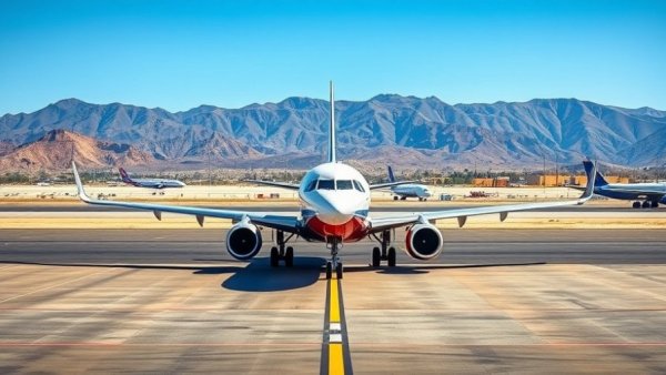 El Paso airport scene with parked plane and mountains.