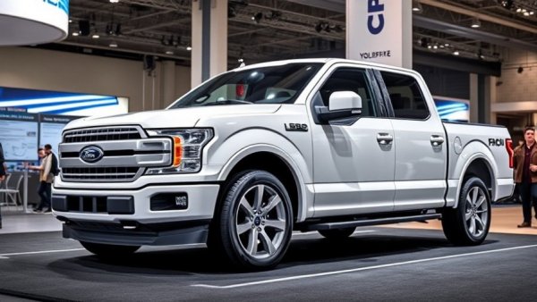 Ford F-150 Lightning at auto show under bright lights.