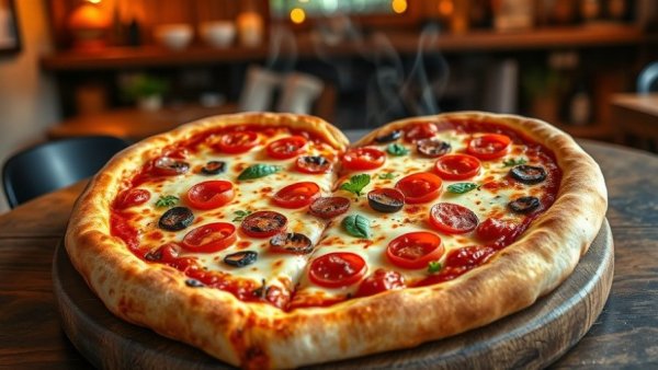 Heart-shaped pizza deliciously baked with vibrant toppings.