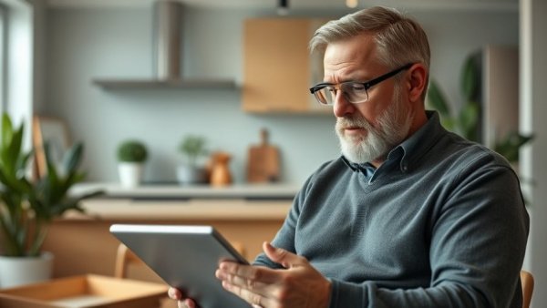 Middle-aged man working on tablet for dental branding strategies.