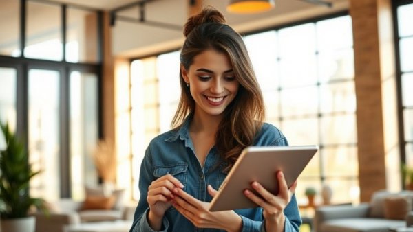Young woman smiling with a tablet, embodying 'Showcase Who You Are'.