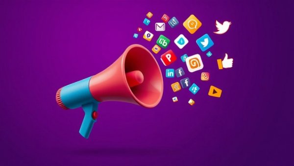 Guide to social media paid advertising: colorful icons emerge from a megaphone.