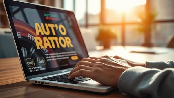 Typing on laptop with auto repair display advertising in sunlit office.