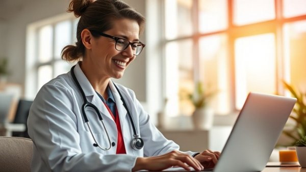 Veterinarian reading an email newsletter in a bright office, highlighting benefits.