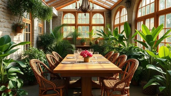 Charming indoor-outdoor dining experience in a sunlit conservatory.