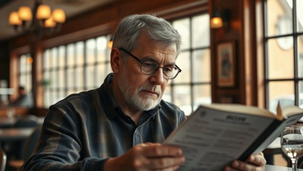 Man reading menu in restaurant highlighting customizable portion options.