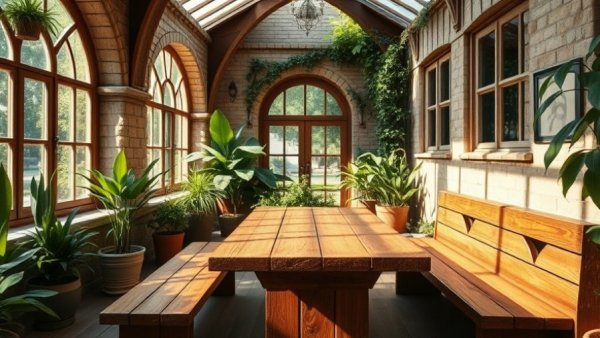 Indoor-outdoor dining space with wooden table and lush greenery