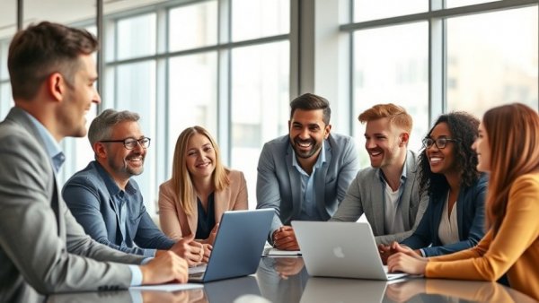 Diverse team brainstorming strategies in a bright conference room.