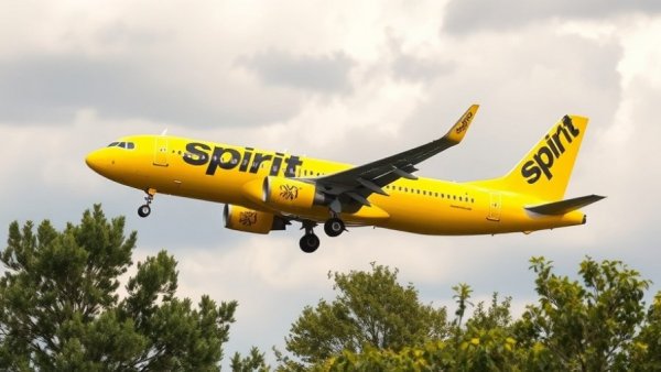 Spirit Airlines jet in flight with logo visible, cloudy background.