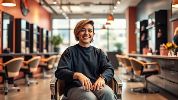 Client retention in salons: Happy client in a modern salon setting.