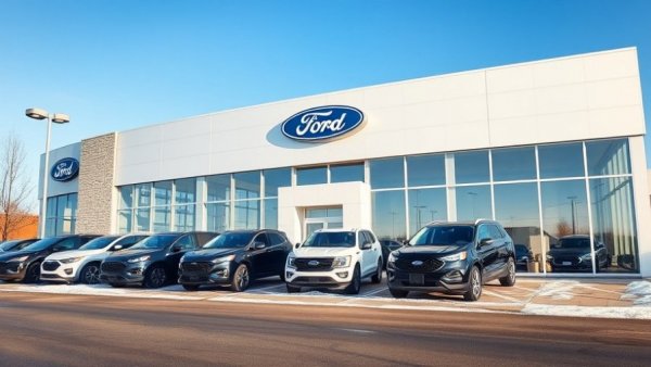 Dealership facade with Ford logo and parked cars in winter, clear blue sky.