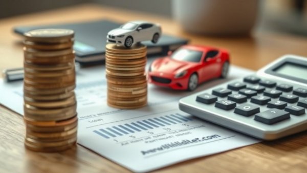 Financial planning with coins, toy cars, and calculator depicting partnerships in automotive financing.