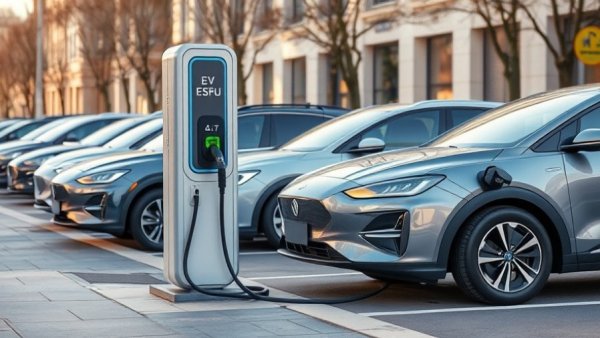 Modern EV charging station with electric cars, using 100% domestic materials in EV chargers.