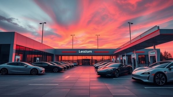 Modern car dealership at sunset with luxury vehicles and charging stations, showcasing luxury automotive market trends.