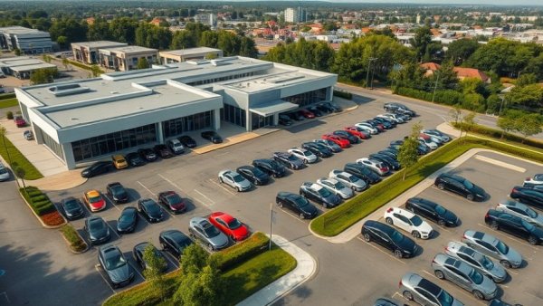 Luxury car dealerships aerial view showcasing ultra-luxury vehicles.