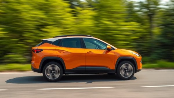 Emerging electric SUV on scenic Europe road, vibrant orange, lush greenery.