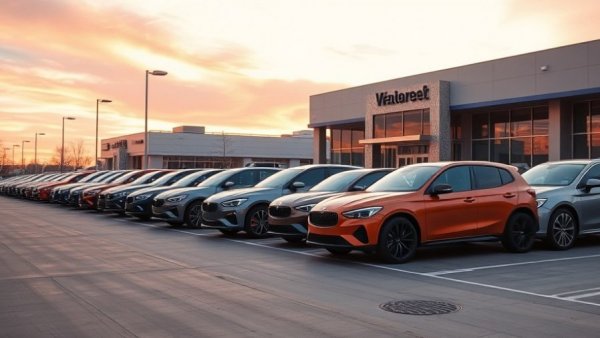 Asbury Automotive record revenues depicted by multiple new cars parked at a dealership.