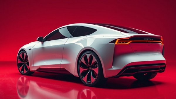 Futuristic electric car in a glossy red setting highlighting U.S. automakers EV challenges.