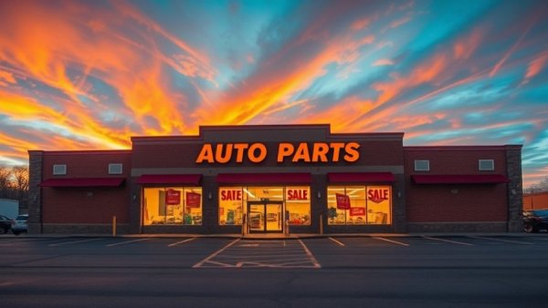 Advance Auto Parts store under sunset sky, showcasing sales promotions.
