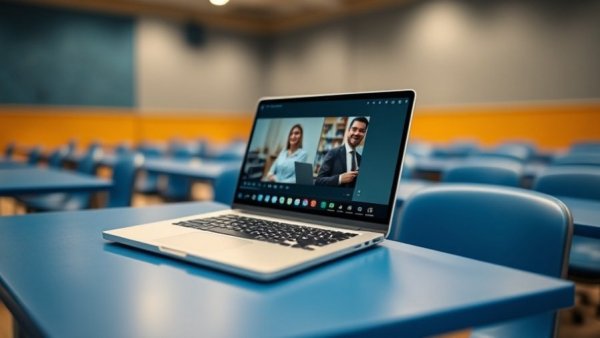 Laptop showing virtual meeting in a classroom for effective after-hours service.