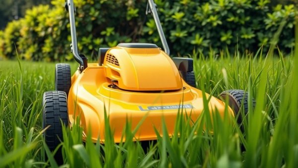 Yellow lawn mower in action during landscape maintenance.