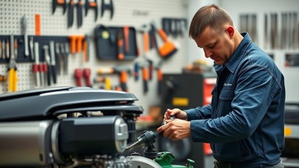 Technician performing preventive maintenance on lawn equipment in a workshop.
