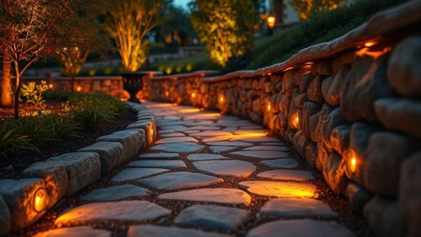 Warmly illuminated stone pathway showcasing outdoor lighting solutions.
