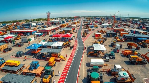 Aerial view of vibrant outdoor equipment exposition with various displays and paths.