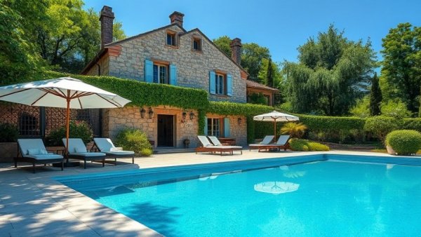 Stone house with pool and gardens reflecting green industry expansion.