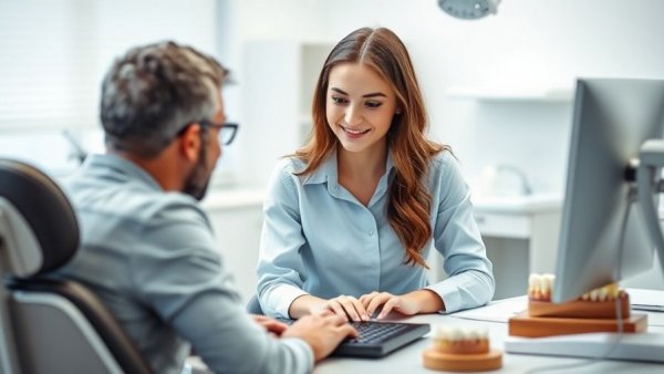 Young woman engaging with a client at a dental office, E-E-A-T in Dental SEO.