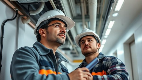 Construction crew assessing HVAC system installation, Leadership in VRF Technology.