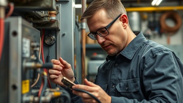 Technician examining gas furnace components in detail