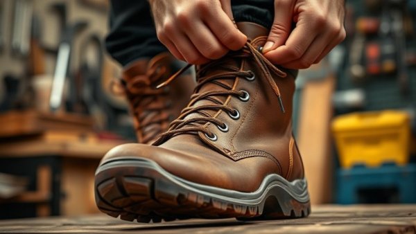 Rugged winter work boots being laced up in indoor setting.