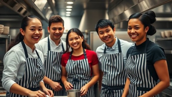 Restaurant employee training with smiling team in kitchen.