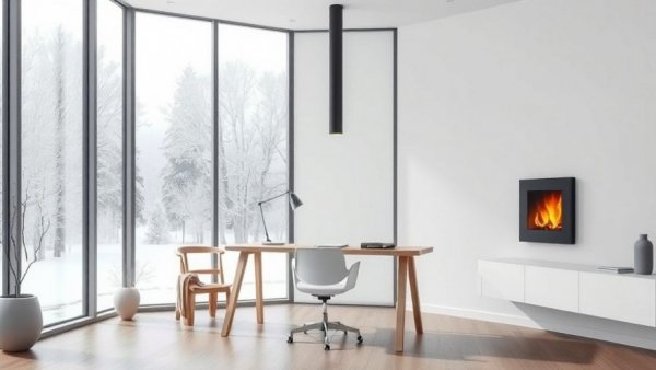 Minimalist home office with frosty window, warm fireplace, and serene view.