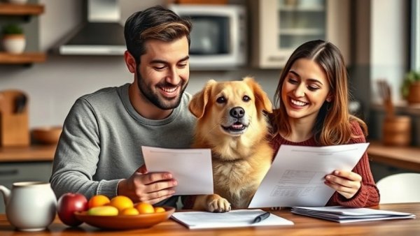 Young couple reviewing mortgage options with a dog at home.