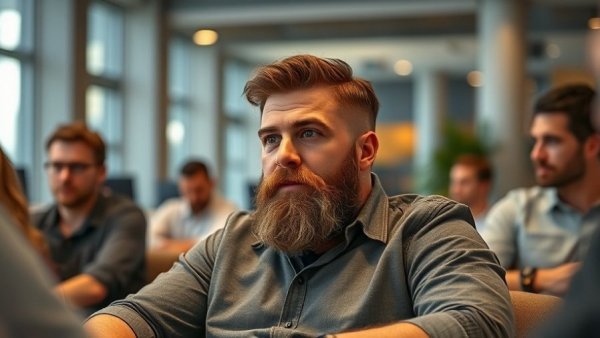Bearded man lecturing with engaging expression, striving to dominate the gym industry.