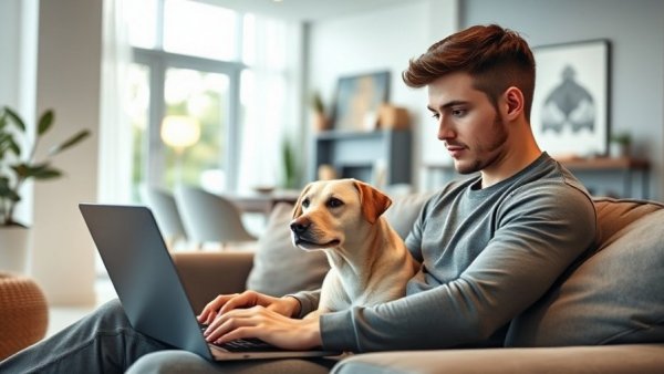 Relaxed man with laptop and dog in cozy room. Singles tax living alone concept.