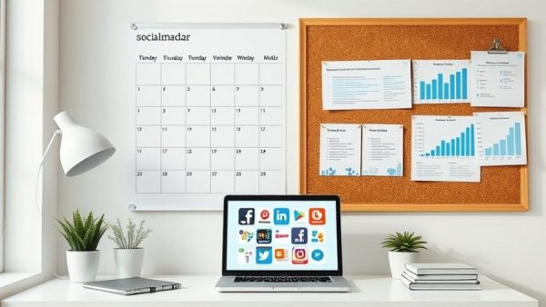 Organized workspace with monthly social media calendar and laptop.