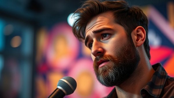 Thoughtful man speaking into mic, fostering positive mindset for business success.