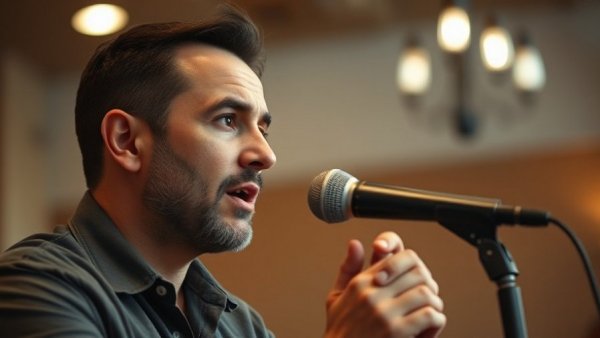 Discussion on the future of AI by a man with a microphone indoors.