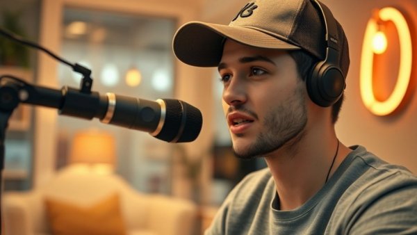 Casual young man discussing the importance of business names on a podcast.