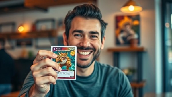 Man with content creation anxiety holding card, cheerful.