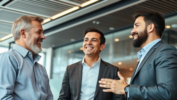 Group of businessmen discussing automotive legacy.