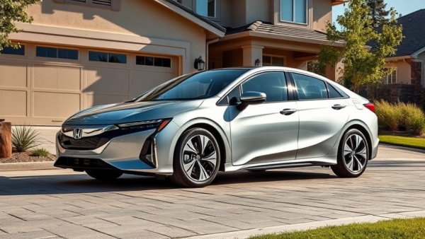 Sleek silver Honda EV parked in suburban driveway.