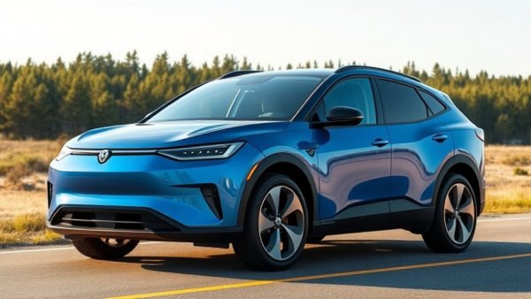 Sleek blue electric SUV parked on road with forest in background.
