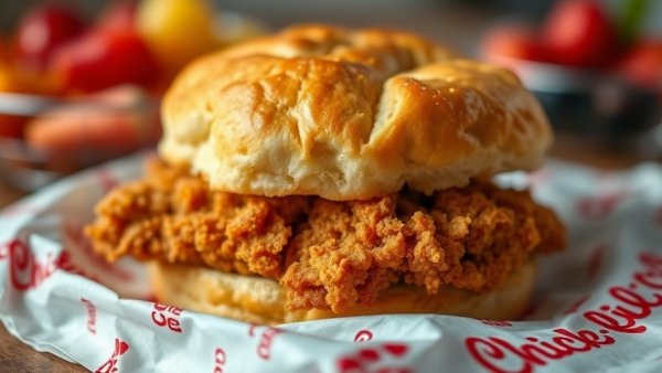 Chick-fil-A chicken biscuit, golden brown and crispy on wrapper.