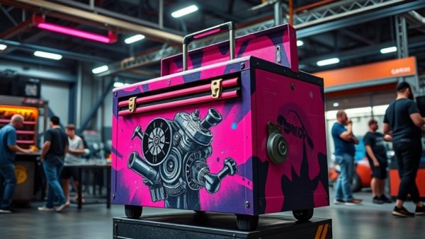 Vibrant toolbox at an auto repair exhibition showcasing creative design.