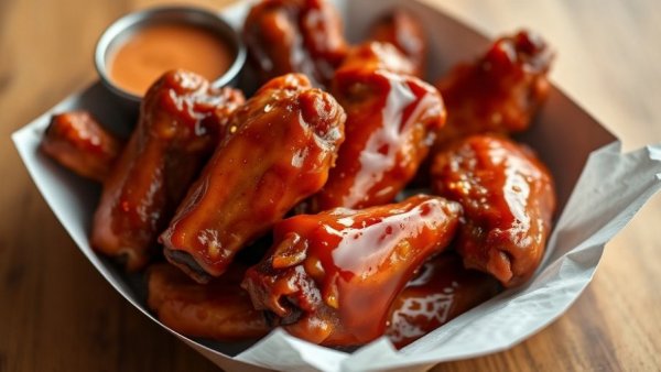 Close-up of Buffalo Wild Wings boneless wings with sauce on wooden table.